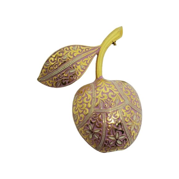 Vintage Estate Pink Enamel Damascene Cherry Brooch Gold Tone 2 1/8" Fruit Pin - Picture 2 of 9